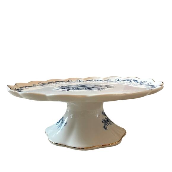Eaton Fine Dining Blue Floral Bird Porcelain Pedestal Cake Plate 10.5in New - Picture 9 of 16